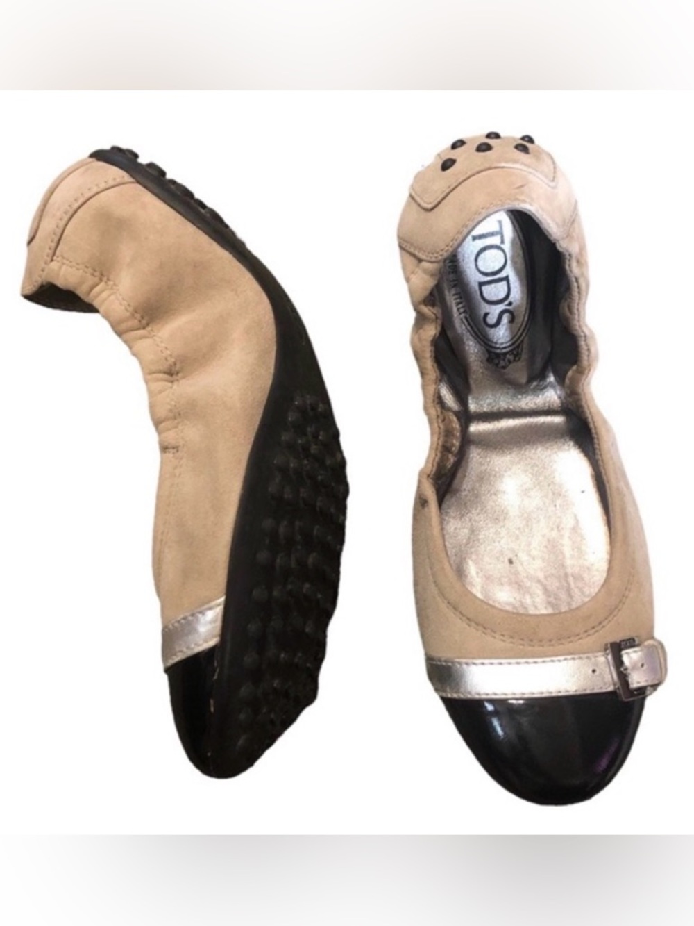 Tod's 🇮🇹 Tan Suede with Black Patent Leather Cap-Toe Ballet Flats. Size: 7